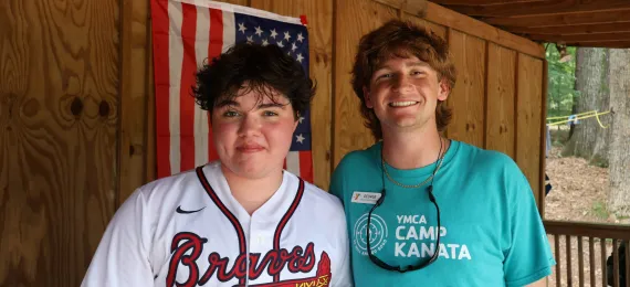 A counselor and camper bonding on opening day of Camp.