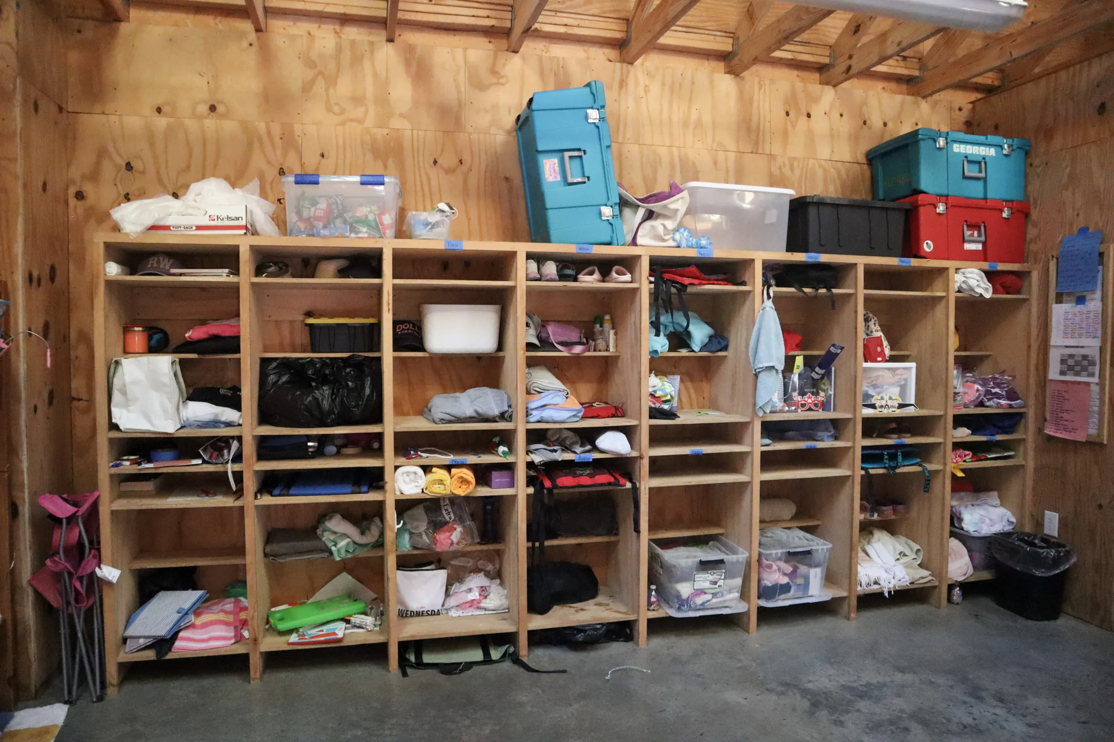 An image of the storage options in the Daisy cabins.