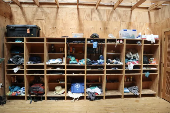 An image of the storage options in the Spartan cabins.